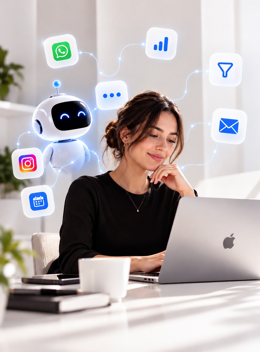 Persona trabajando con agentes de IA conectados a sus canales