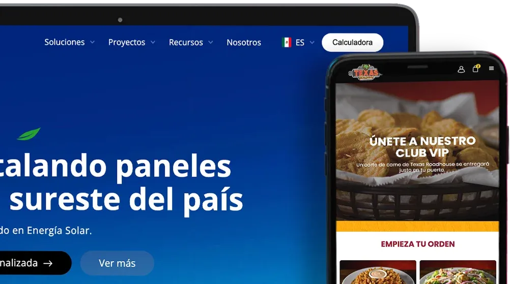 Sitios web de Exel Solar y Texas Roadhouse en laptop y celular